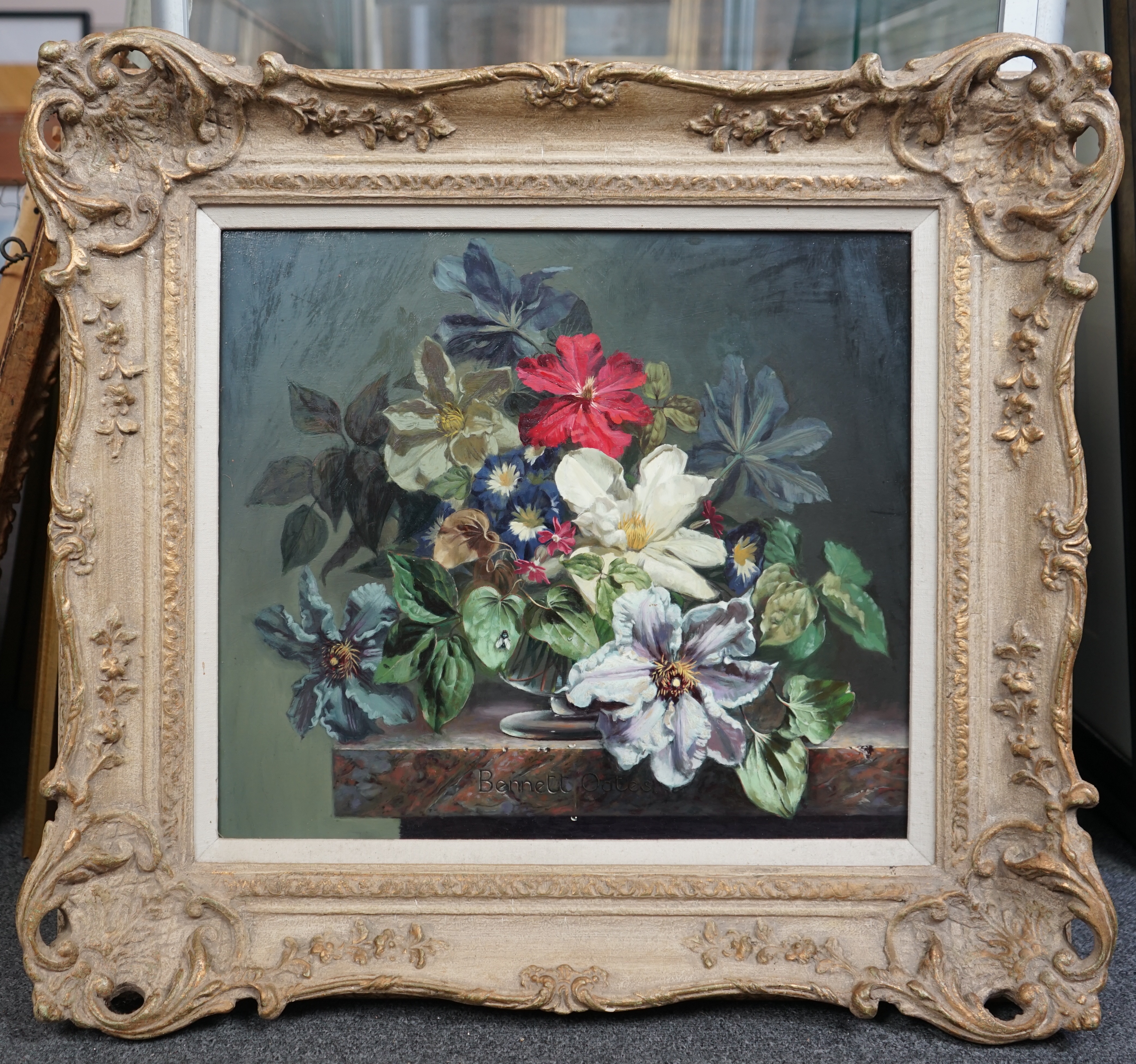 Bennett Oates (English, 1928-2009), 'Clematis and Convolvulus', oil on board, 40 x 45cm